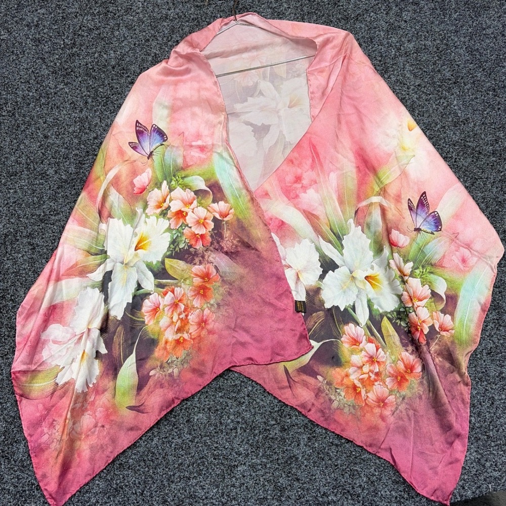 Unbranded Silk Scarf Womens OS Pink Floral Butterfly Botanical Long Wrap Scarf